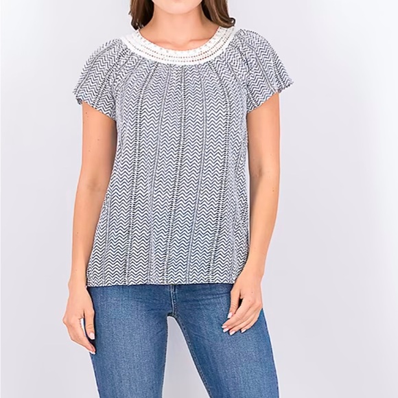 🔥5/$20 Style&co. White Lines Crochet Scoop Neck Trim Flutter Sleeve Top - Picture 4 of 8